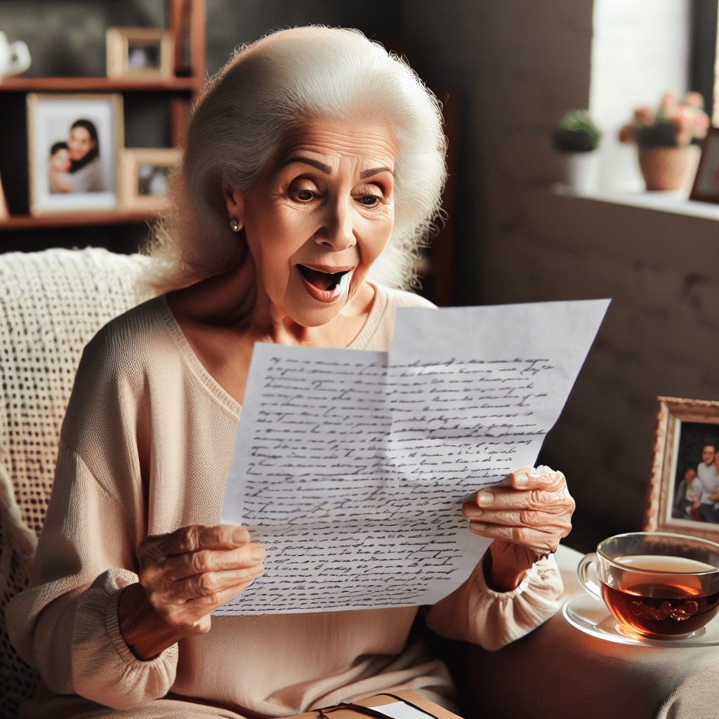 Mamá sonriendo mientras lee una carta de amor con emoción.