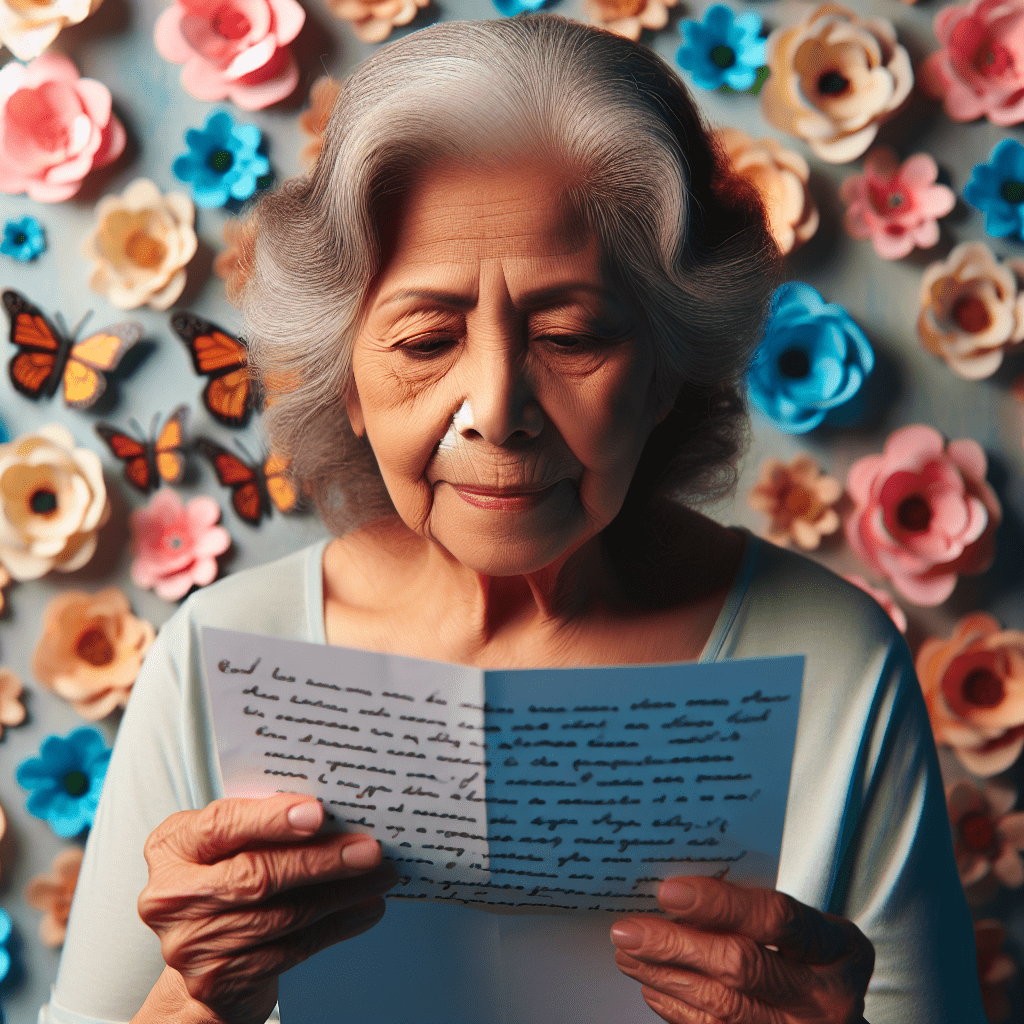 Joven dama leyendo con emoción una carta de amor en papel antiguo.