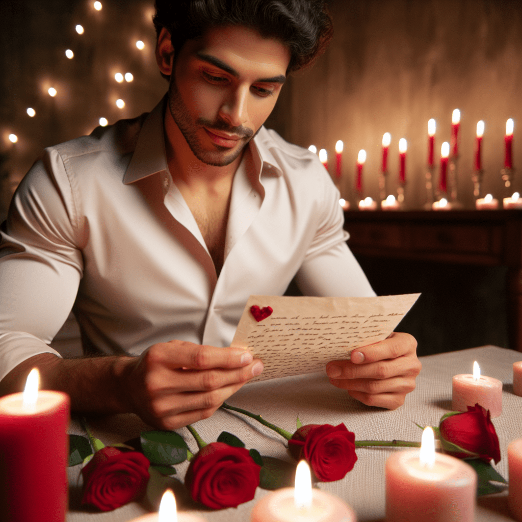 Mi esposo sonríe mientras lee una carta de amor con emoción.
